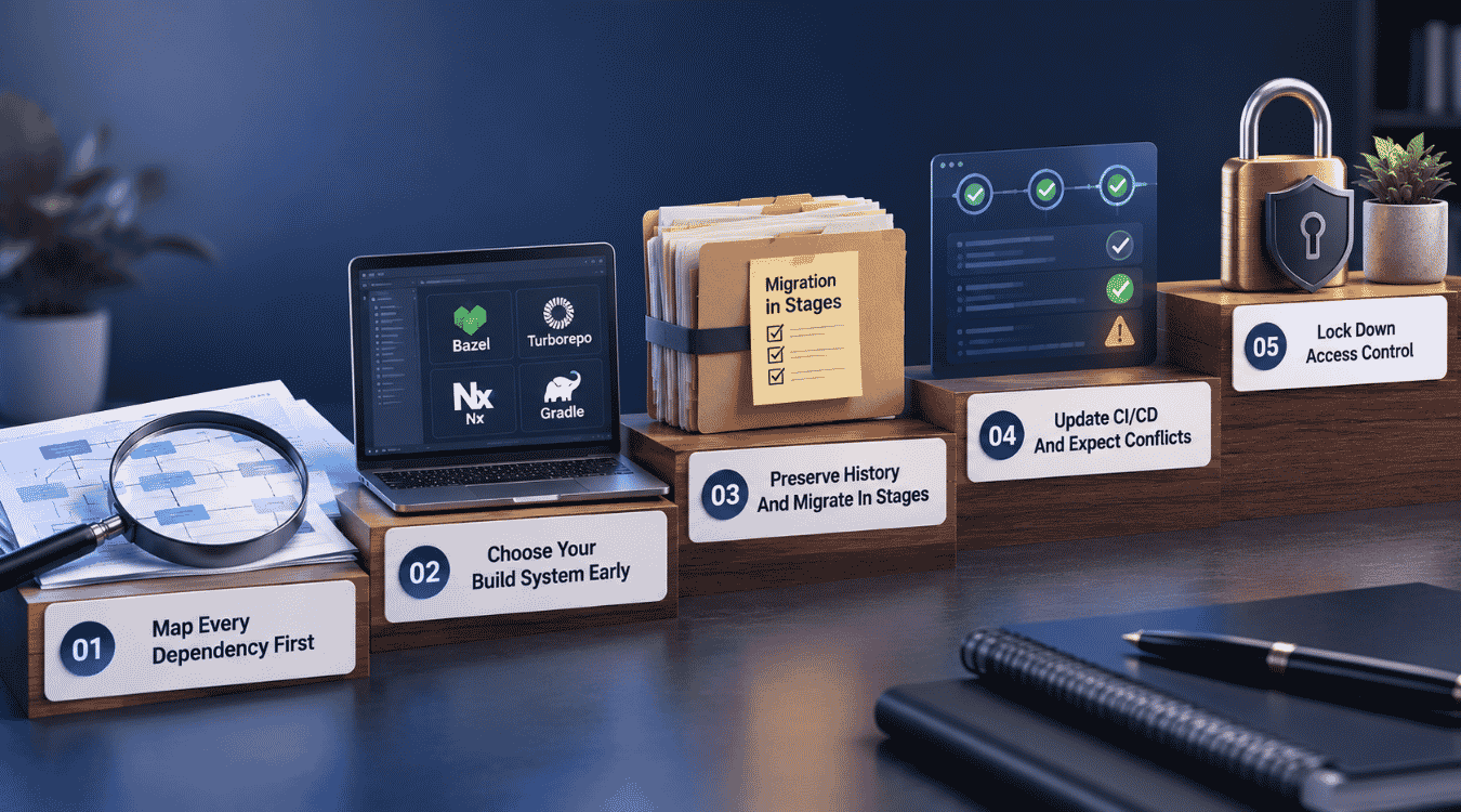 How to migrate from polyrepo to monorepo: map every dependency first, choose your build system early, preserve history and migrate in stages, update CI/CD and expect conflicts, lock down access control