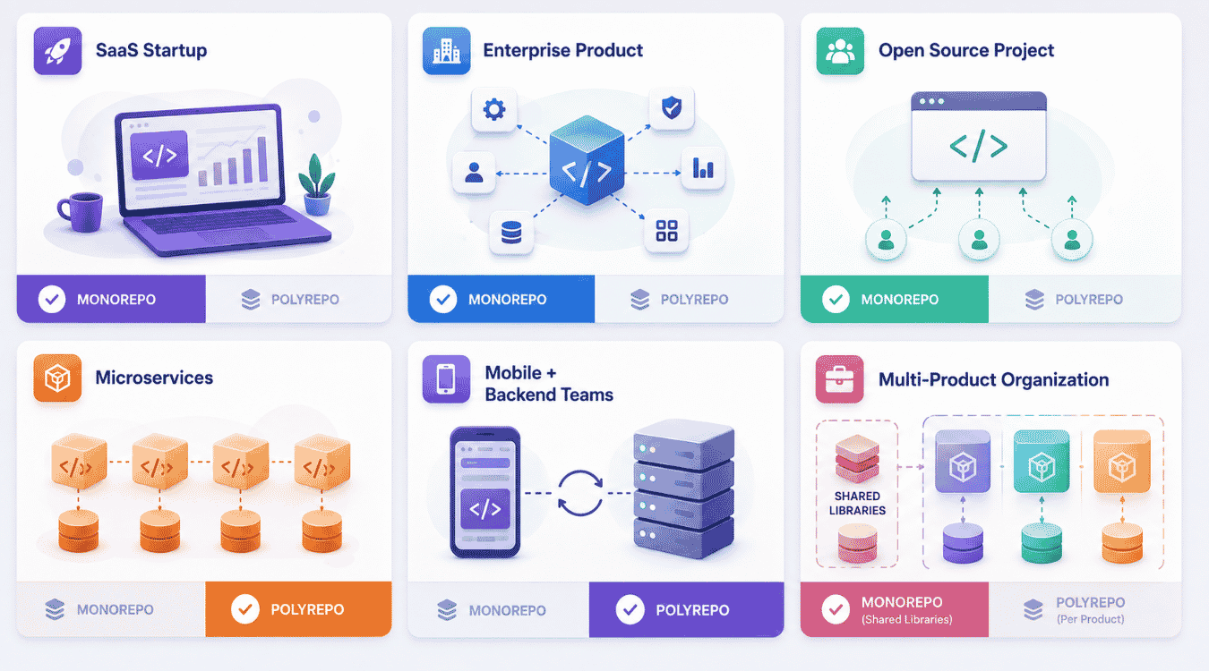 Decision matrix for repository strategy: SaaS startup, enterprise product, open source project, microservices, mobile and backend teams, multi-product organization