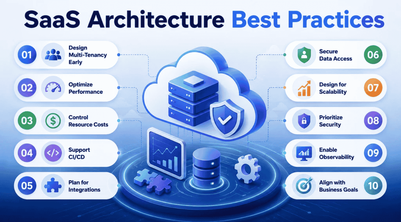 10 SaaS architecture best practices: multi-tenancy, performance, resource cost control, CI/CD, integrations, secure data access, scalability, security, observability, and business alignment