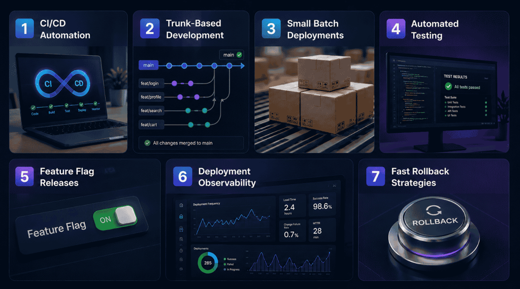 Seven ways to improve deployment frequency: CI/CD automation, trunk-based development, small batch deployments, automated testing, feature flag releases, deployment observability, and fast rollback strategies