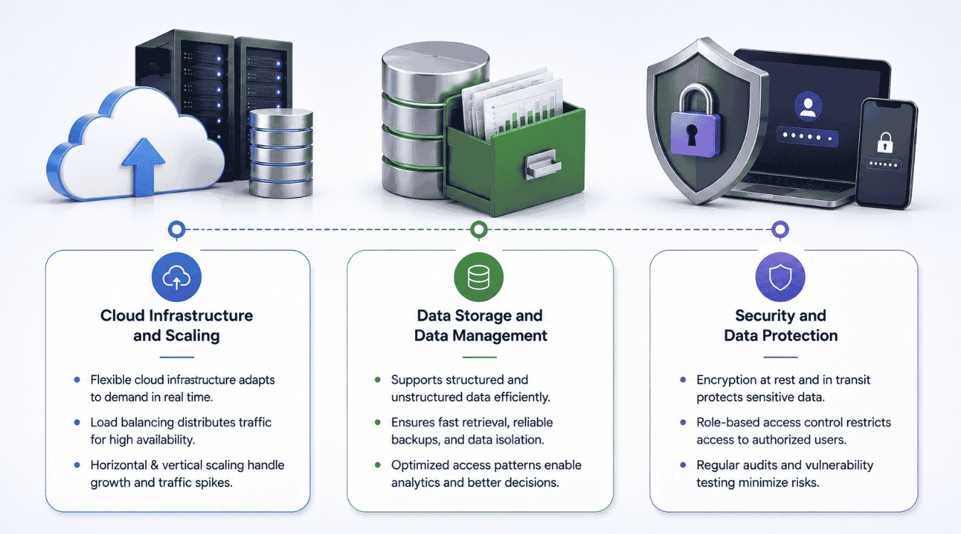 Key components of SaaS architecture: cloud infrastructure and scaling, data storage and data management, security and data protection