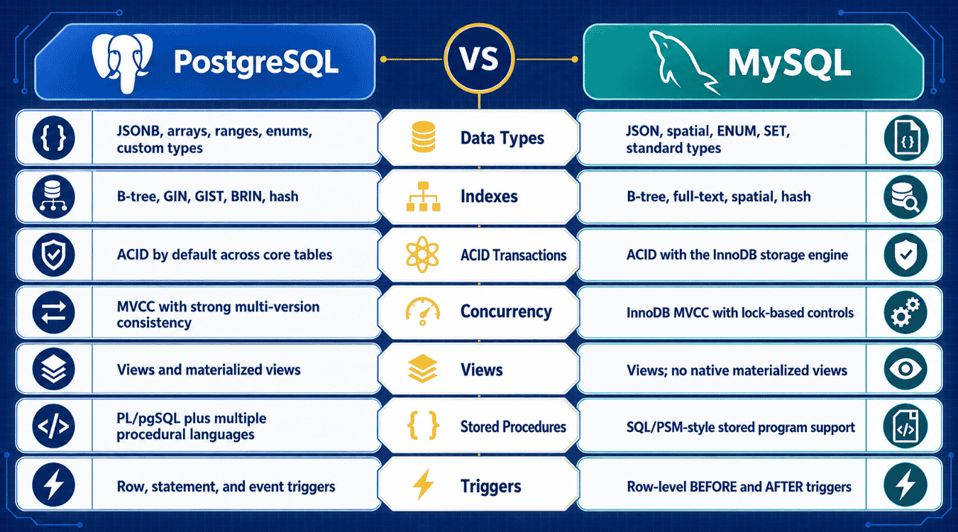 Key differences PostgreSQL vs MySQL