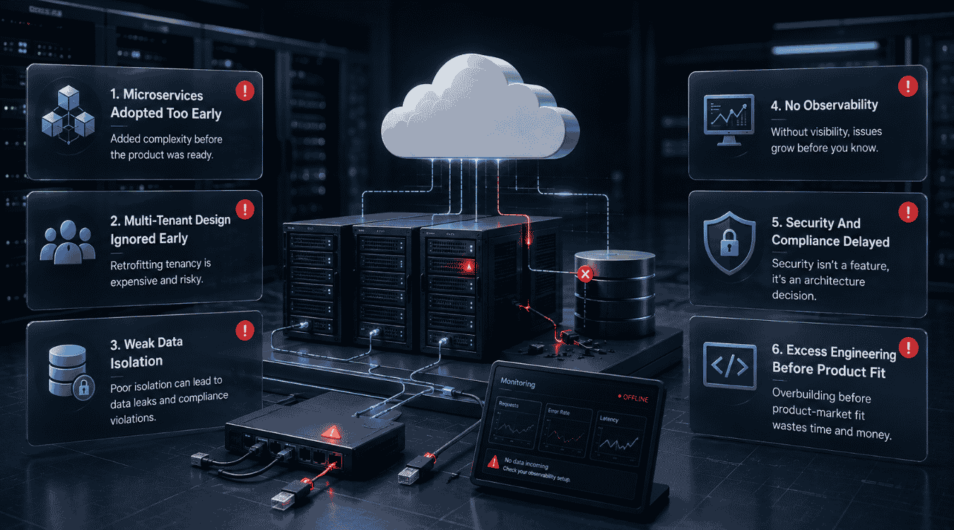 Common SaaS architecture mistakes: early microservices, ignored multi-tenancy, weak data isolation, no observability, delayed security and compliance, excess engineering before product fit