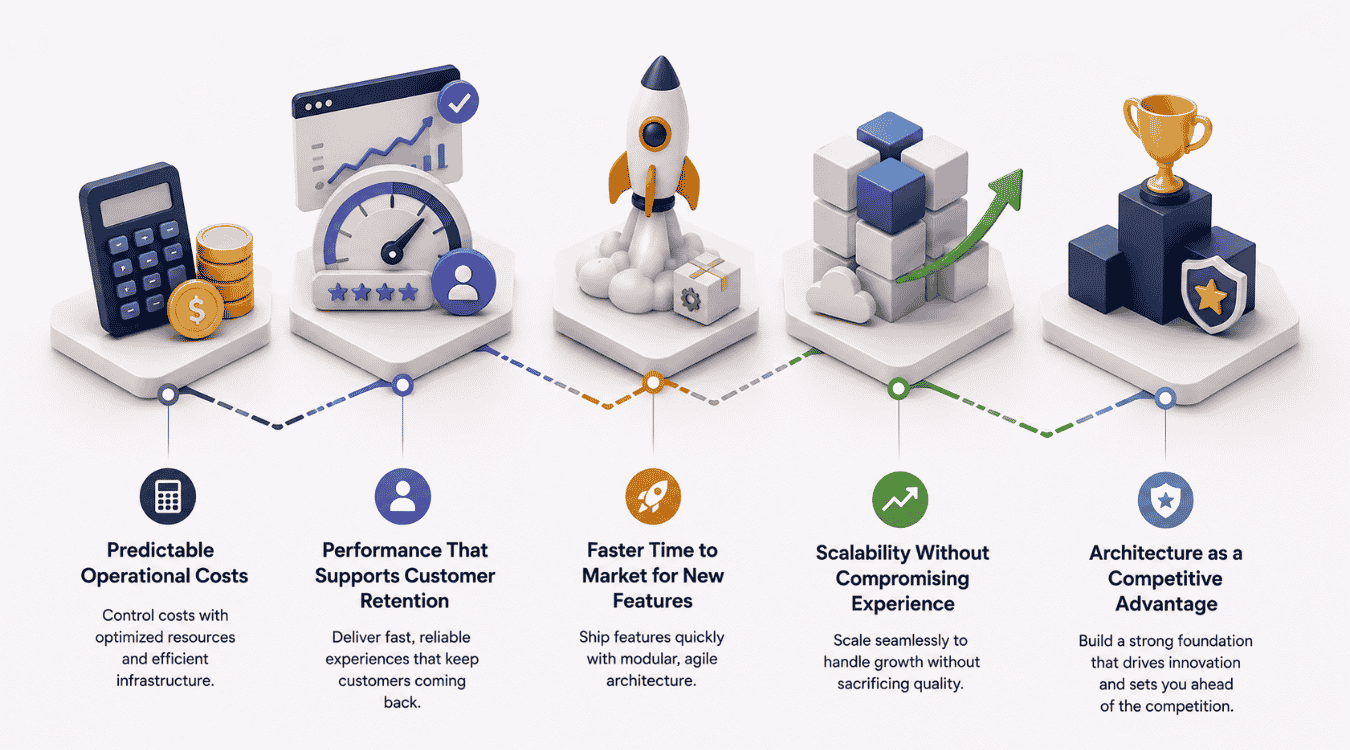 How SaaS architecture impacts business growth: predictable operational costs, customer retention, faster time to market, scalability, and competitive advantage