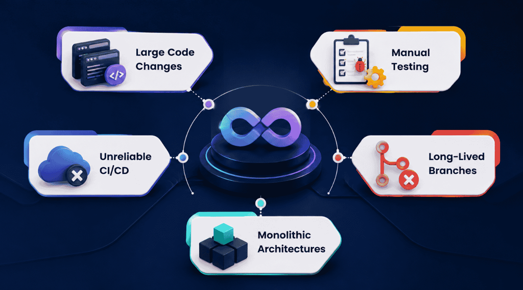 Five causes of low deployment frequency: large code changes, manual testing, unreliable CI/CD, long-lived branches, and monolithic architectures