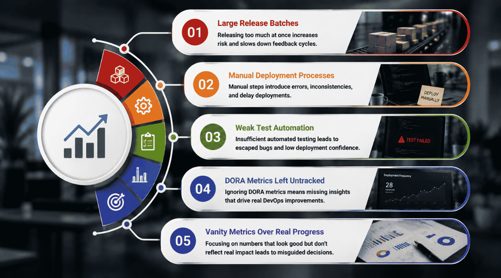 Common deployment frequency mistakes: large release batches, manual deployment processes, weak test automation, DORA metrics left untracked, and vanity metrics over real progress