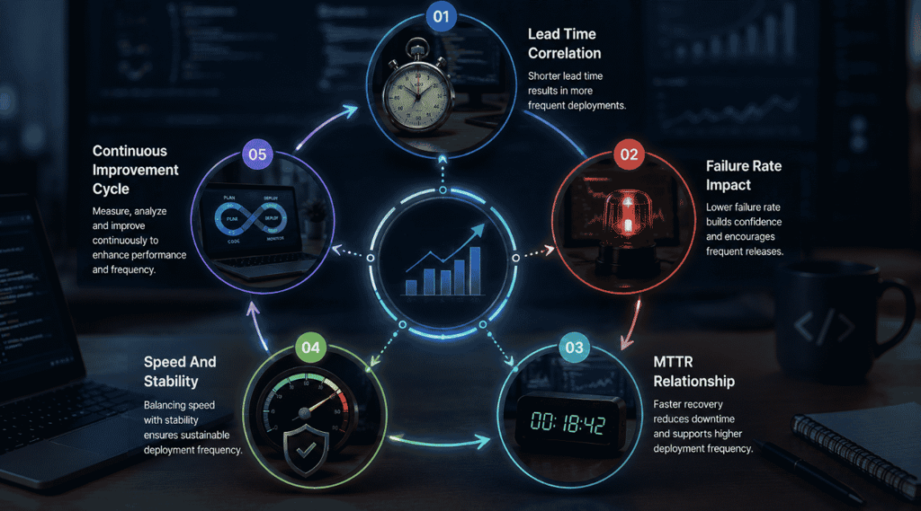 How deployment frequency connects with other DORA metrics: lead time correlation, failure rate impact, MTTR relationship, speed and stability, and continuous improvement cycle