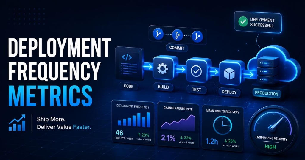 Deployment frequency metrics dashboard showing deploys per week, change failure rate, and mean time to recovery alongside a CI/CD pipeline flowing from code to production
