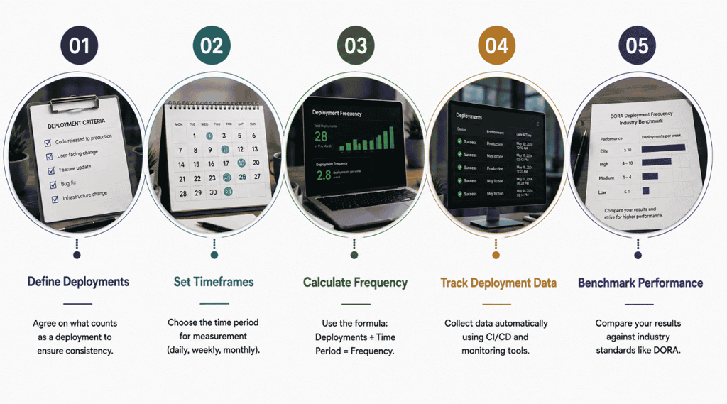 Five steps to measure deployment frequency metrics: define deployments, set timeframes, calculate frequency, track deployment data, and benchmark performance