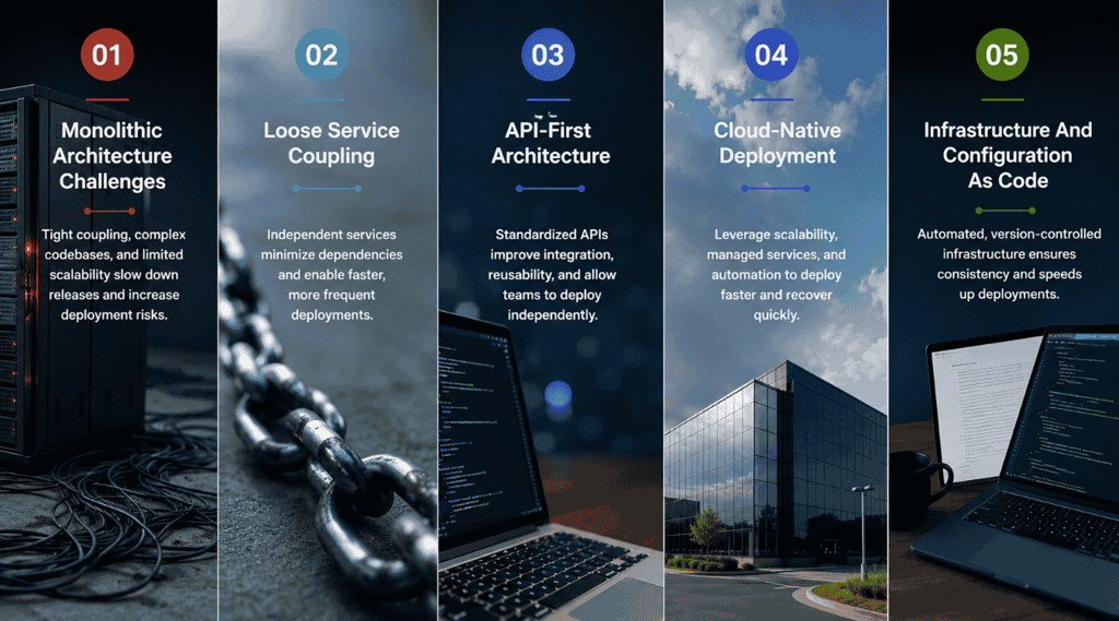 How software architecture impacts deployment frequency: monolithic architecture challenges, loose service coupling, API-first architecture, cloud-native deployment, and infrastructure as code